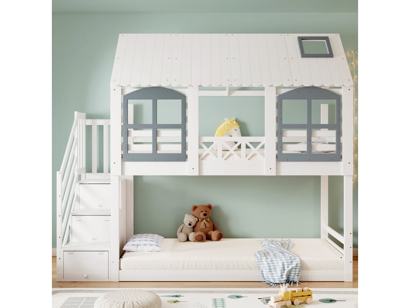  Lit superposé enfant 90 x 200 cm avec toit, escalier à 3 rangements, blanc et gris  - Conforama E