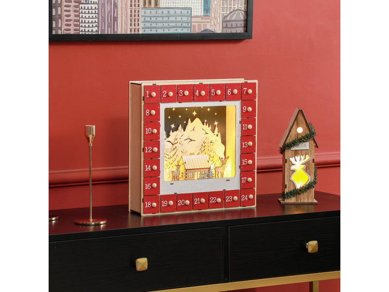  Calendrier de l'avent led, décorations de noël en bois, 24 tiroirs à remplir, décoration lumineuse, rouge  - Conforama C