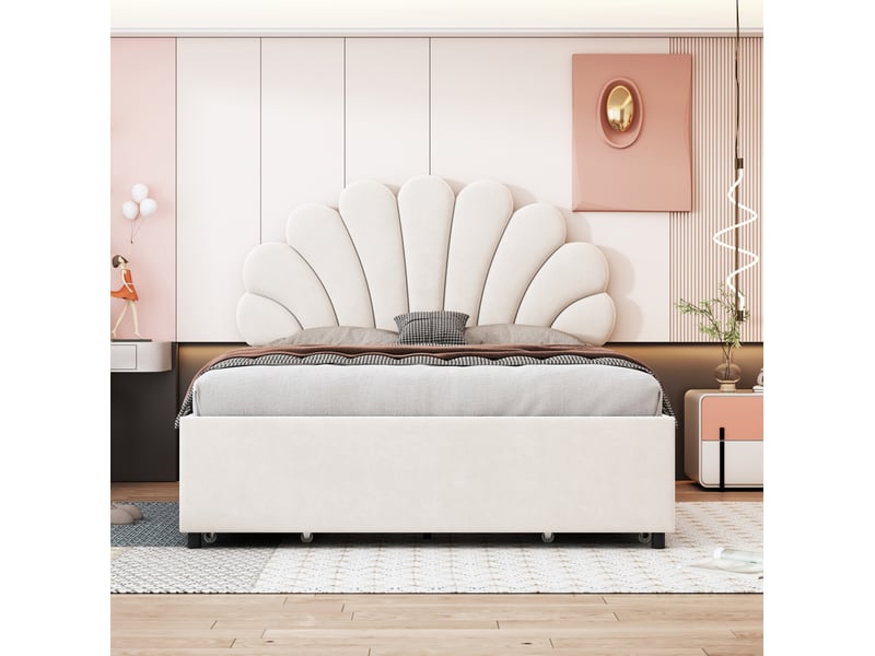  Lit enfant 140x200cm, sommier, tête de lit, lit 2 places, 4 tiroirs de rangement intégrés, velours beige, sans matelas  - Conforama D