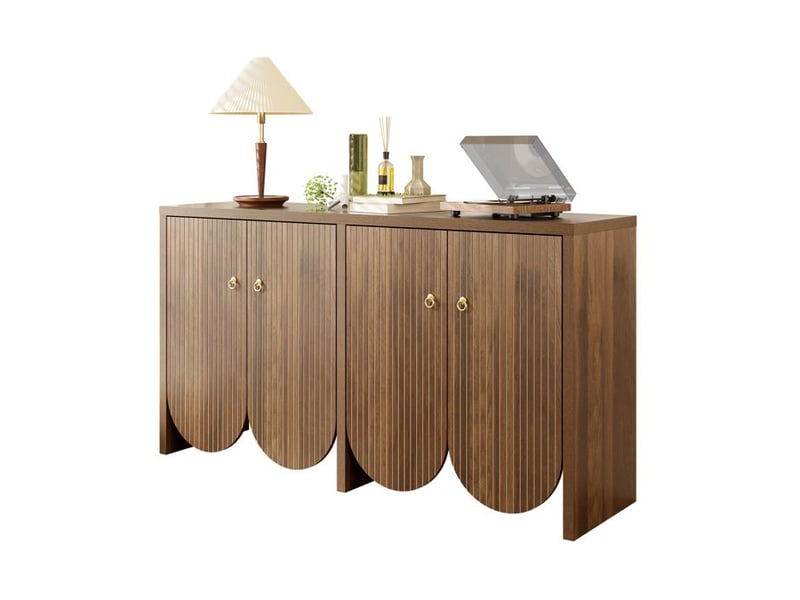  Buffet en bois - aspect noyer - dimensions 147x40x80 cm - 4 portes avec étagères réglables - poignées en aluminium naturel - Conforama B