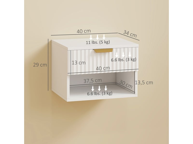  Lot de 2 tables de chevet suspendues 40 x 34 x 29 cm modernes avec tiroir cannelé et niche gain de place en mdf blanc 21_0003762  - Conforama B