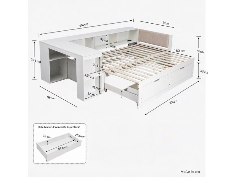 Lit multifonction 3 en 1 modenvie 180 x 200 cm avec bureau et rangement blanc mat - Conforama C