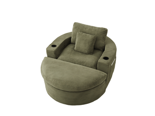 Fauteuil lounge rond avec repose-pieds – vert – velours côtelé, rangement latéral et porte-gobelets