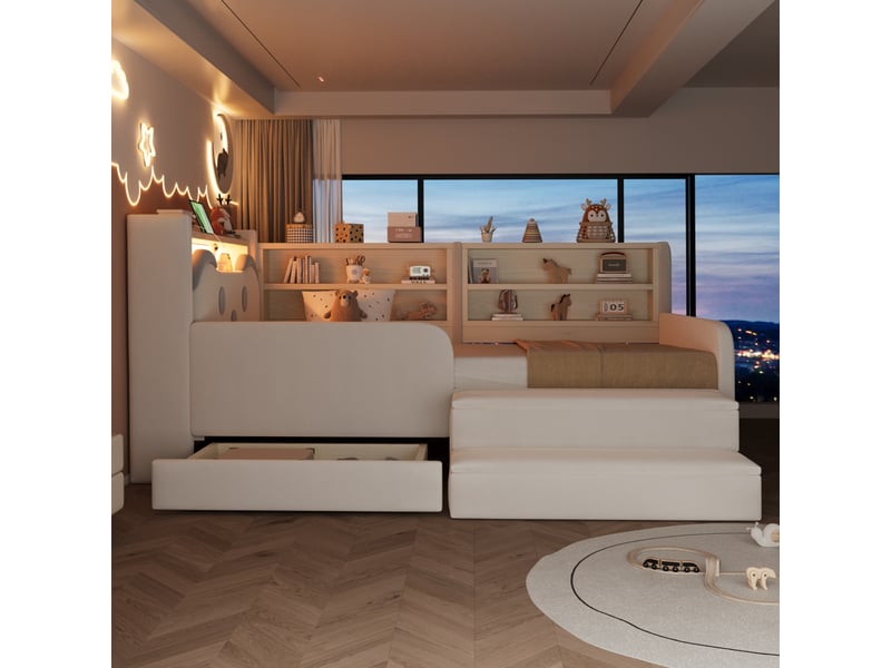 Lit enfant 90x200 cm rembourré en velours avec tête de lit rangement, tiroir, banc amovible, led et usb - beige - Conforama E