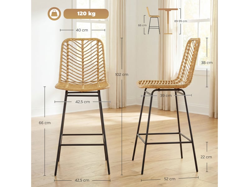  Ensemble de 2 tabourets de bar style bohème, en rotin pe, avec repose-pieds, 42,5 cm x 52 cm x 102 cm, jaune et noir  - Conforama E