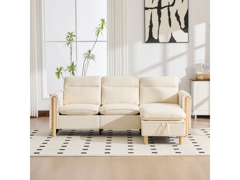 Canapé d’angle modulable 3 places avec méridienne réversible et coffre, poches latérales, pieds en bois massif, tissu chenille, beige - Conforama C