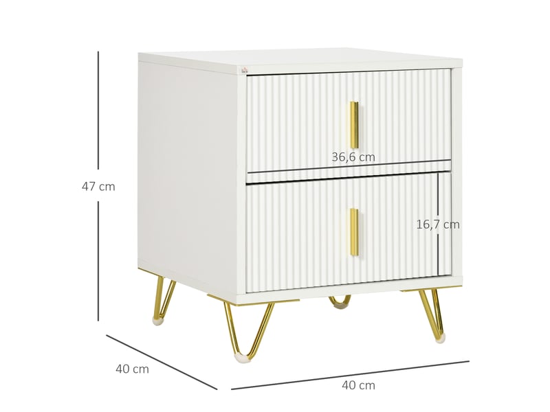  Table de chevet à 2 tiroirs, table de nuit, table d'appoint avec pieds en métal pour chambre à coucher, 40 x 40 x 47 cm, blanche  - Conforama E