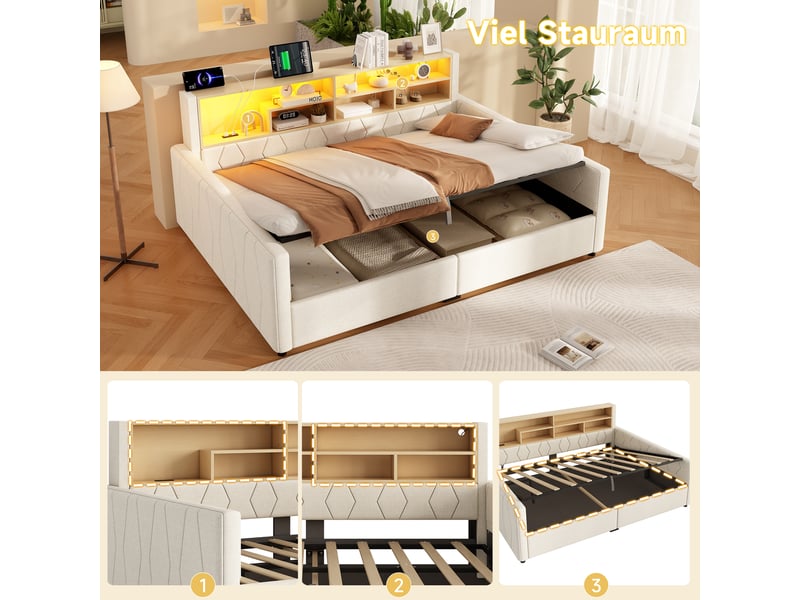  Lit banquette coffre 140 x 200 cm, rangement hydraulique, prise intégrée, port usb et éclairage led, tissu effet lin beige evarich - Conforama D