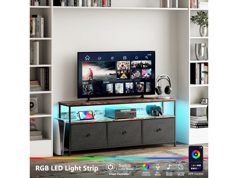  Meuble tv avec led,armoire tv de salon avec 3 tiroirs, tiroirs en tissu et structure en métal,108 x 29.8 x 57 cm, noir  - Conforama E
