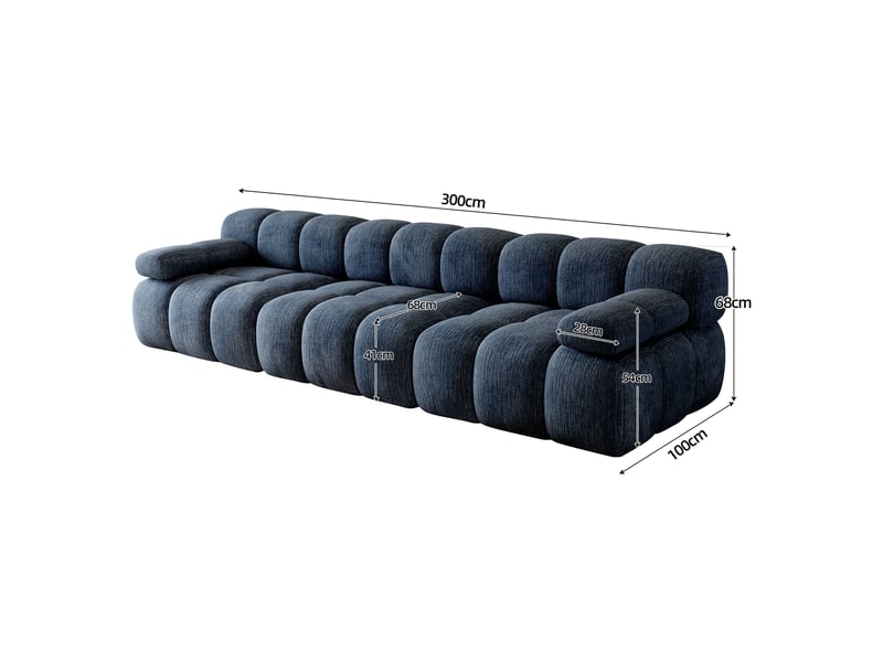  Canapé compressé 3 places 300x100x68 cm sans structure, sans montage, mousse haute résilience, assise profonde et large, tissu chenille bleu  - Conforama D
