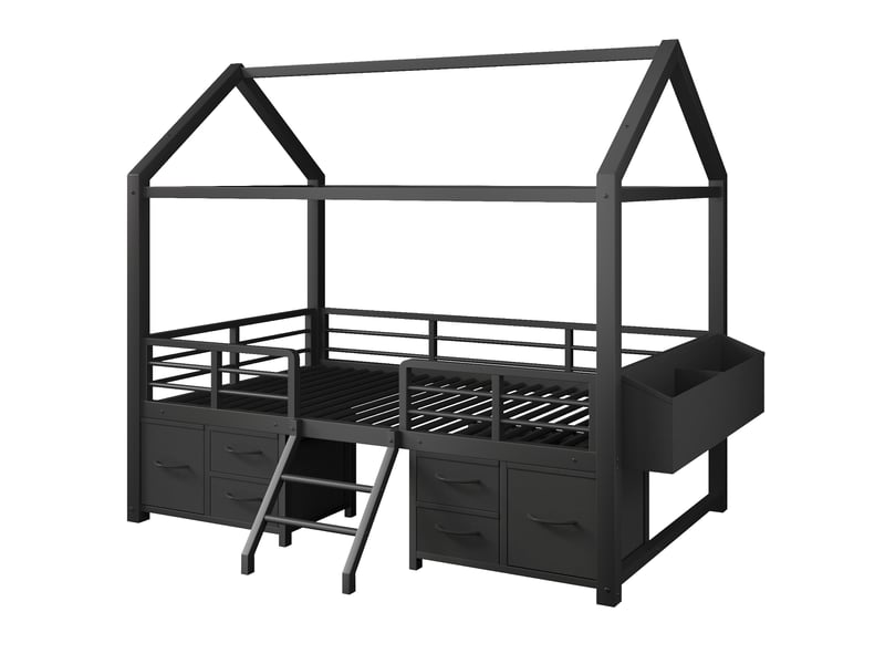  Lit mezzanine enfant 90 × 200 cm avec led, tiroirs en tissu et rangement, sans matelas, en métal noir  - Conforama E