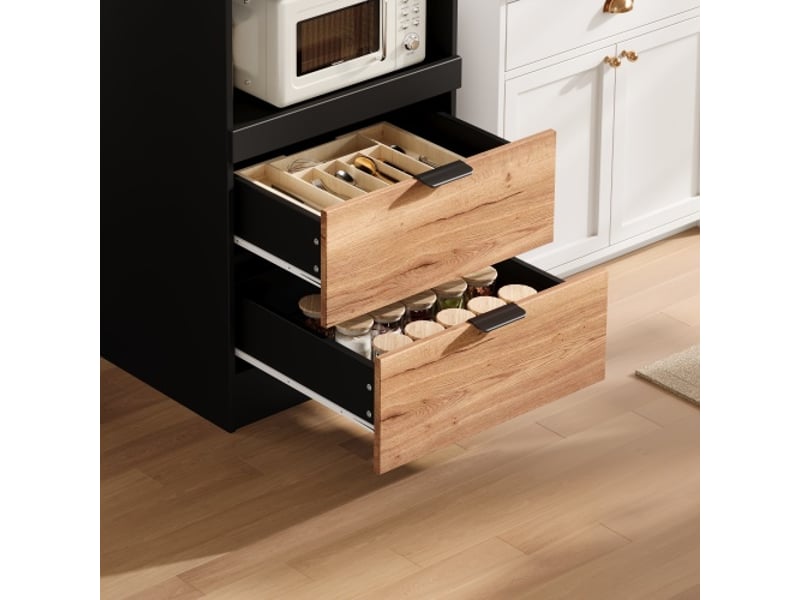  Buffet haut multifonction 59,5x45x200 cm avec portes et tiroirs en mdf couleur noir et bois clair, design multifonctionnel  - Conforama R