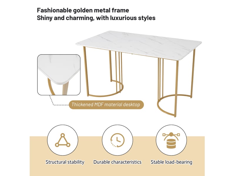  Ensemble repas 5 pièces, table mdf motif marbre, piètement métal réglable, chambre, 4 chaises velours, blanc et marron  - Conforama E