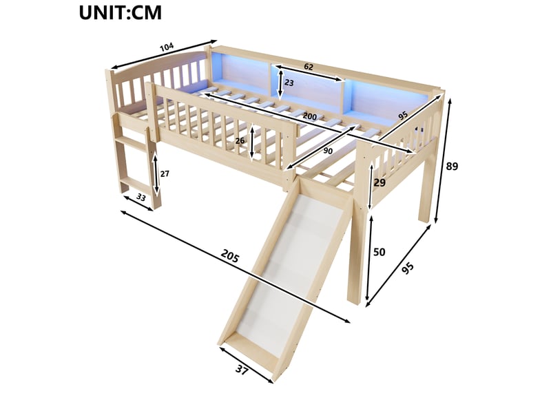 Lit mezzanine 90x200 cm, lit combiné, rangements intégrés, toboggan, éclairage led, ports usb, support à lattes stable, design moderne, pin naturel OPULERANE TRADING LTD - Conforama C