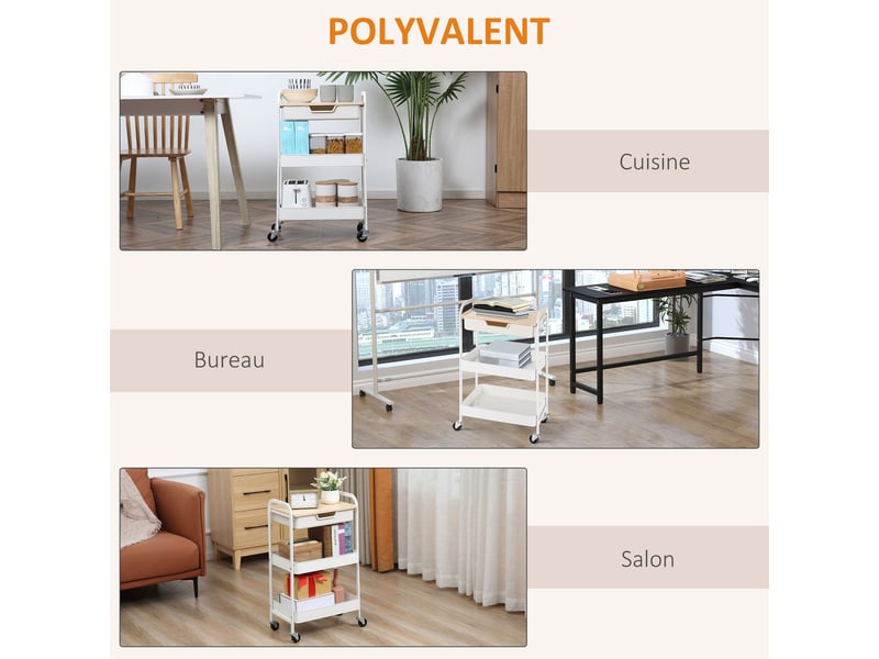 Desserte de cuisine chariot de service 2 étagères tiroir plateau aspect bois acier clair pp blanc - Conforama W