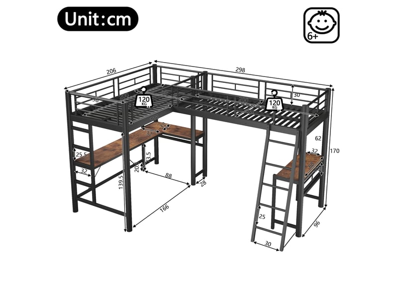  Lit mezzanine double 90x200 cm avec bureau et échelles noir  - Conforama C