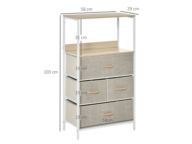  Commode en tissu à 4 tiroirs, compartiment ouvert et structure métallique, idéale pour une chambre ou une entrée, grise.  - Conforama E