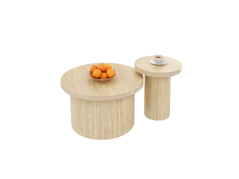  Tables basses gigognes rondes avec structure à lattes et design modulable pour salon, en mdf, couleur naturelle  - Conforama A