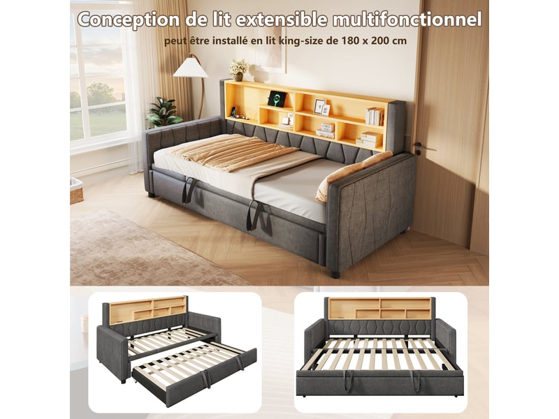  Canapé-lit 90 × 200 cm + 180 × 200 cm – avec bande led – avec prise électrique – revêtement en tissu lin – gris (matelas non inclus)  - Conforama E
