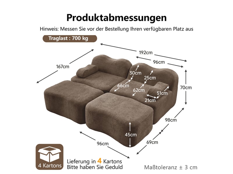  Canapé 2 places avec 2 poufs - 192x167x70 cm - canapé modulable double méridienne velours mousse 32d sans structure 700kg - marron  - Conforama E