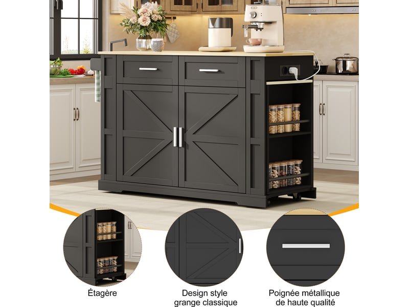Îlot de cuisine extensible 130-205x50x93 cm, 2 tiroirs, meuble mobile, prises usb, mdf, noir et naturel, design moderne - Conforama E