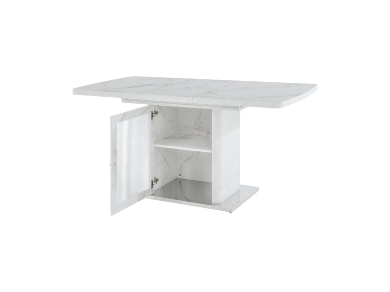  Table à manger extensible 120-160 x 80 cm avec meuble de rangement intégré, plateau mdf effet marbre blanc, porte vitrée et base métal  - Conforama D