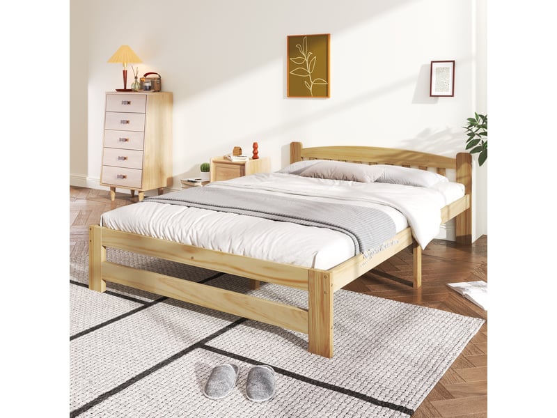  Lit double en bois massif 140x200 cm, naturel, avec tête de lit, lattes et pied central, cadre solide pour adulte  - Conforama C