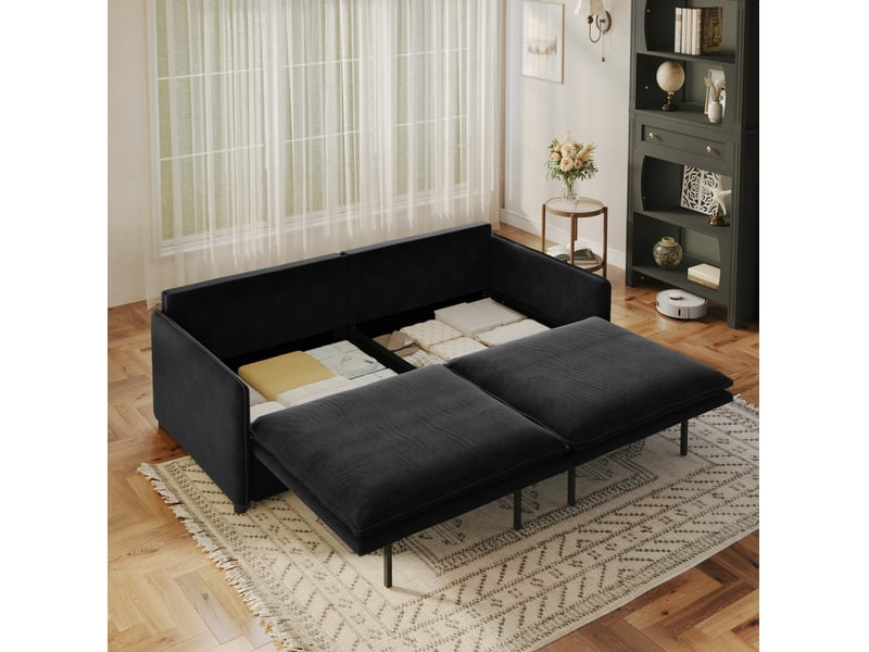  Canapé-lit 3 places 206x91x86 cm 3-en-1 convertible, pour salon, tissu, design moderne, élégant, mousse et bois, noir  - Conforama E