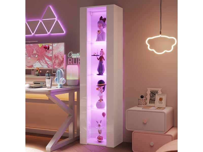  Vitrine blanche à 4 niveaux avec éclairage led connecté, 40 x 29 x 170 cm, panneaux acryliques  - Conforama R