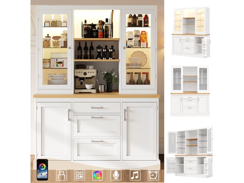  Meuble de cuisine 185 x 140 x 40 cm - 3 tiroirs, plan de travail, étagères réglables, éclairage led pilotable par application, finition noirblancvert.  - Conforama W