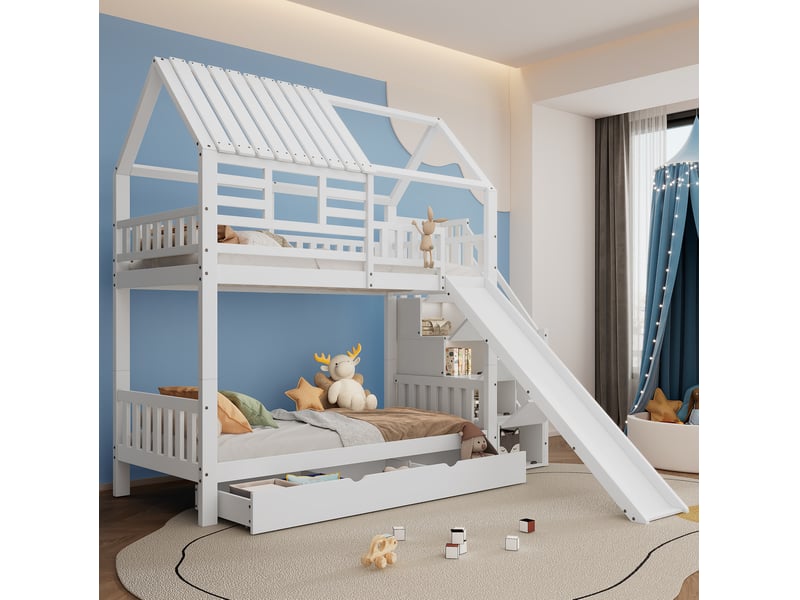  Modenvie lit superposé cabane 90x200 cm - avec escalier de rangement et toboggan, sans matelas - blanc  - Conforama E