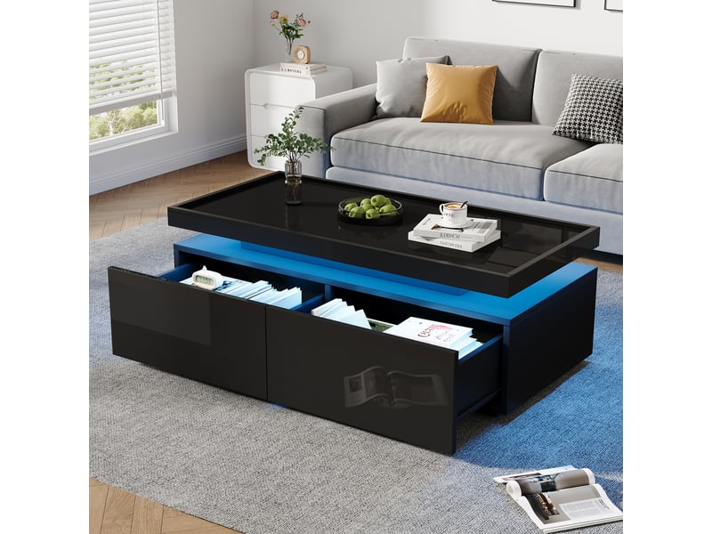  Table basse noire brillante avec led et 2 tiroirs, 95x45x35 cm, panneau de particules, noir  - Conforama R
