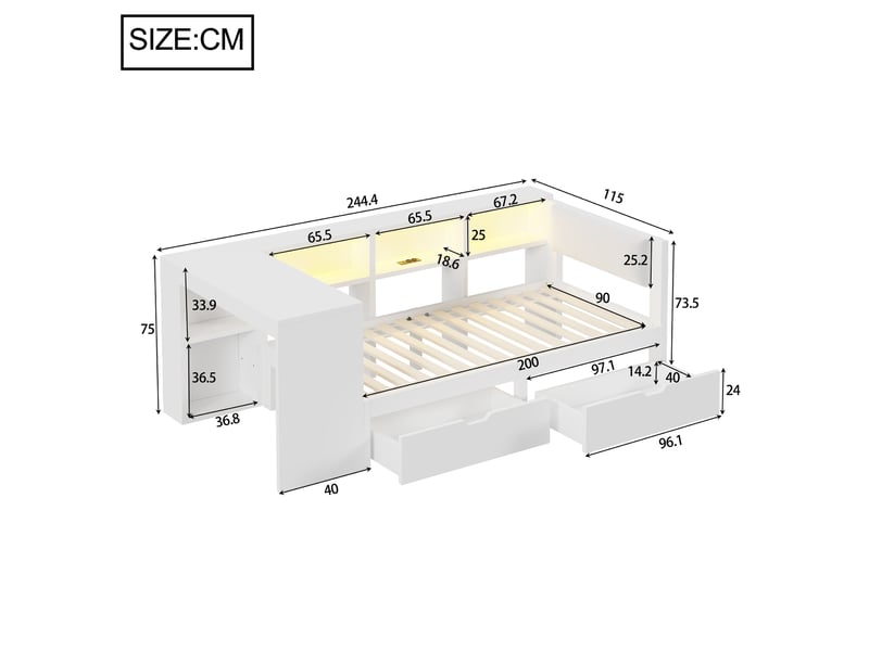  Lit plateforme 90x200 cm avec rangements, tiroirs, led et station de charge blanc  - Conforama E