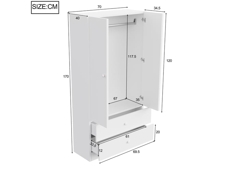  Armoire 70x40x170 cm, 2 portes avec 2 grands tiroirs et tringle, structure en mdf, meuble de chambre, couleur blanc  - Conforama C