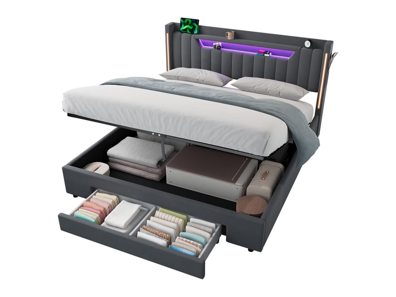  Lit coffre velours 160x200 cm avec led gris foncé  - Conforama A
