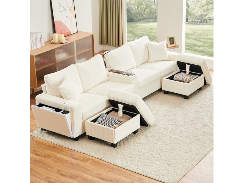  Canapé modulable en u 334x128,5 cm – beige – 2 poufs de rangement, led, lampe de lecture, usb et type-c  - Conforama B