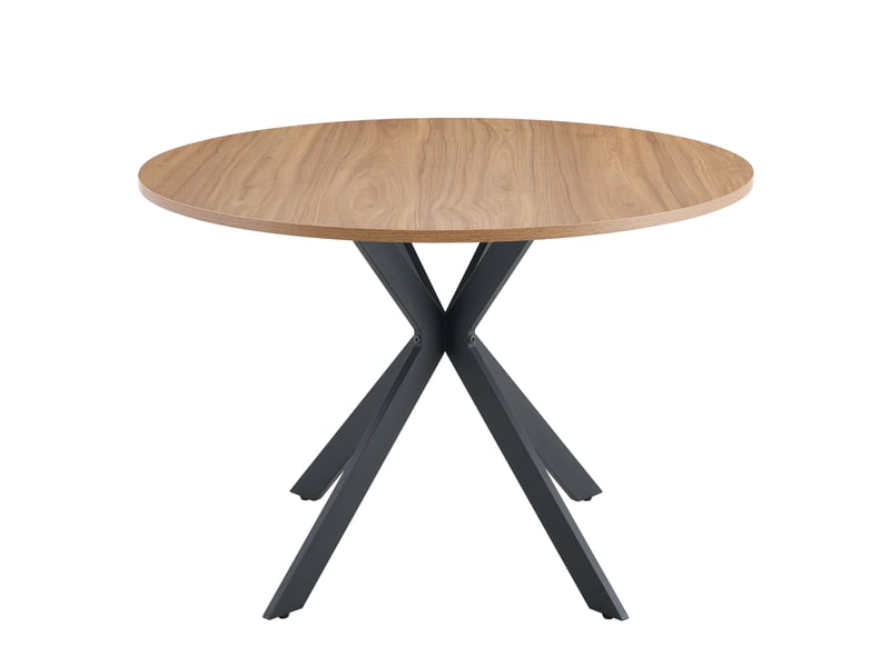 Table à manger ronde 110 cm, table de cuisine, mdf décor noyer, basse métal noir  - Conforama D