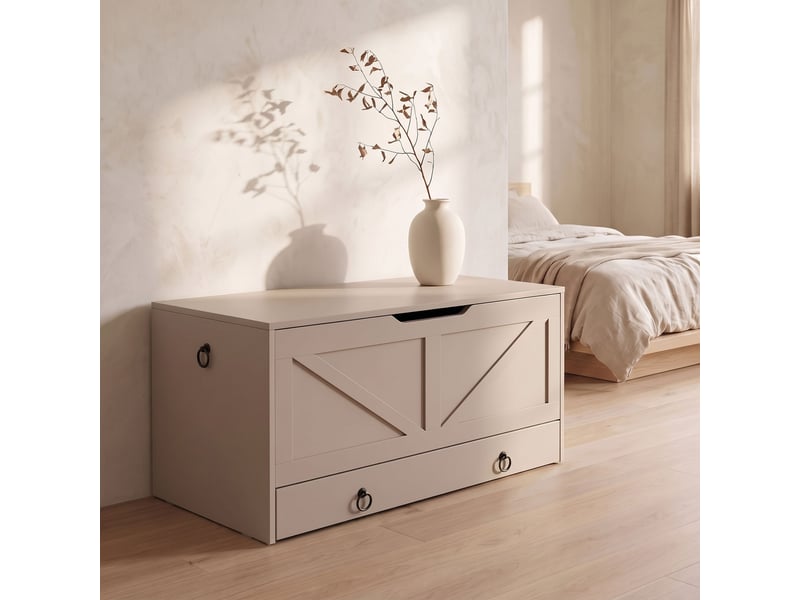  Kura - coffre de rangement 100x50x40 cm porte-objets avec charnières de sécurité et commode en bois taupe  - Conforama B