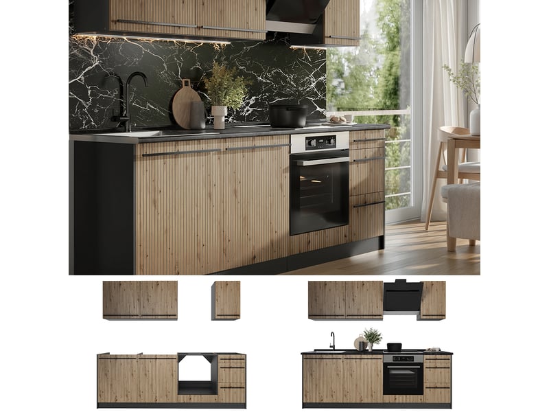  Vicco cuisine, chêne artisananthracite, 220cm sans plan de travail  - Conforama D