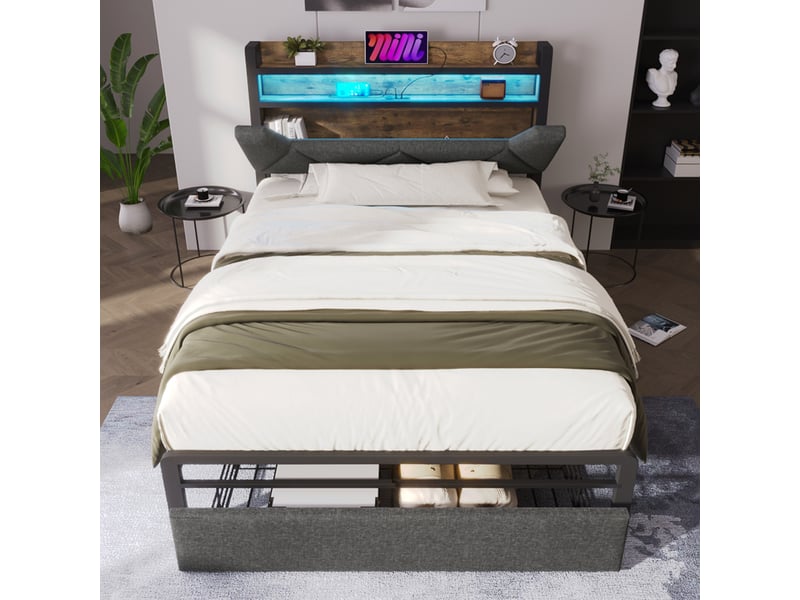 Lit avec tiroir 90x200 cm, lit simple en lin avec rangement, 3 usb, type-c et led, sans matelas, gris - Conforama B