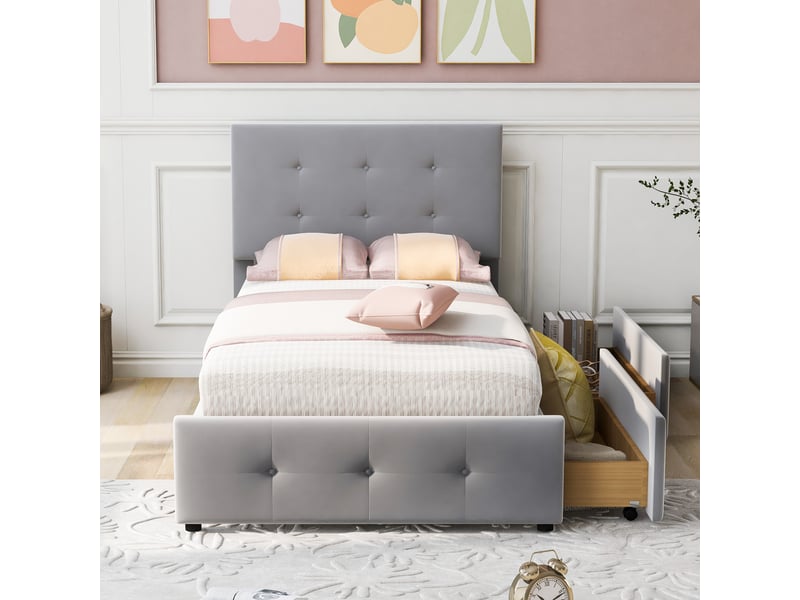  Lit enfant 90x200cm velours, 2 tiroirs, tête réglable, sommier lattes, cadre acier, pratique, sans matelas, gris  - Conforama B