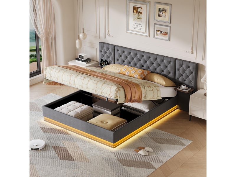  Lit 140x200cm - lit coffre 140x200 - lit double led avec tête de lit large et tables de chevet intégrées - en lin gris  - Conforama C