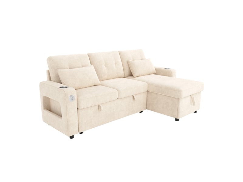  Canapé d'angle 206x131x85cm extensible avec led et ports usb canapé 3 places en l avec méridienne double porte-gobelets et rangement chenille beige BUYDEEMEUS - Conforama A
