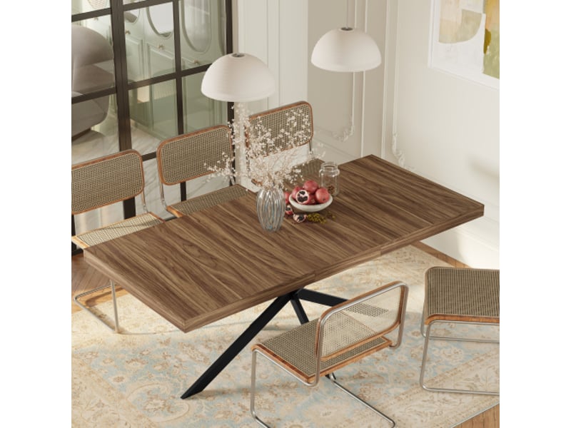  Table à manger extensible 140-180 x 80 cm avec rangement dissimulé, plateau mdf effet noyer, pieds métal noir en x, 4 à 6 places  - Conforama B