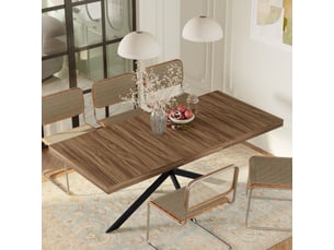 Table à manger extensible 140-180 x 80 cm avec rangement dissimulé, plateau mdf effet noyer, pieds métal noir en x, 4 à 6 places