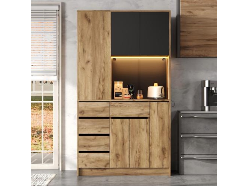 Meuble haut de cuisine colonne épices coulissante led, télécommande, prise intégrée, étagères réglables 185×105×40 cm - Conforama B