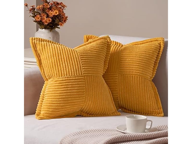  Housse coussin 45 x 45 cm enfant jaune moutarde motif à rayures croisés housses de coussin automne decoration salon de jardin exterieur bureau, lot de 2  - Conforama A