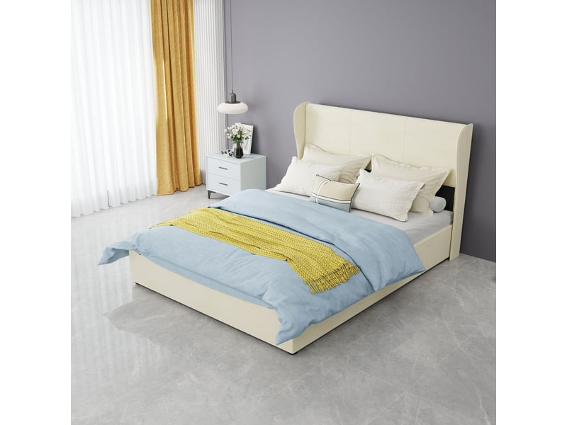  Lit rangement 140 x 200 cm lit double tête de lit rembourrée coloris beige base de rangement haute mécanisme à vérins à gaz lit multifonction  - Conforama B