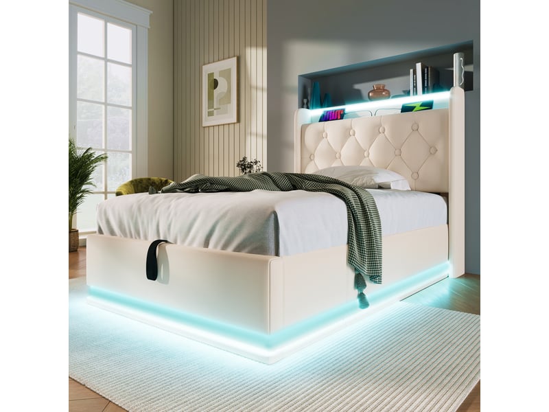  Lit rembourré 90*200 cm avec led 360°, usb-c et coffre hydraulique, lit simple blanc pu, sans matelas  - Conforama E