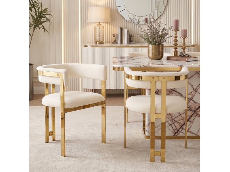  Chaise de salle à manger lot de 4 avec dossier incurvé et piètement métallique doré, en chenille beige et doré  - Conforama D